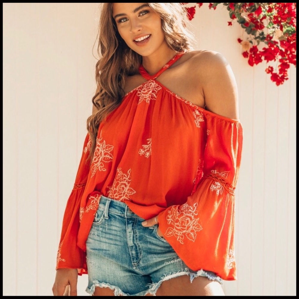 Floral Flare Sleeve Halter - Picture 2 of 6